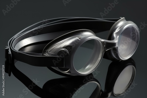 High-quality swim goggles with adjustable strap against a dark, reflective background