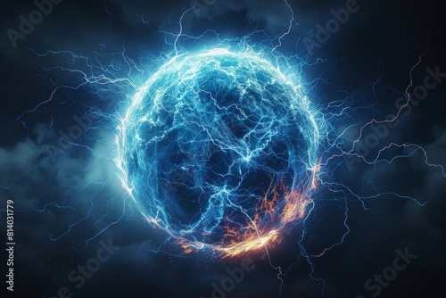 A blue and orange glowing ball with lightning bolts surrounding it
