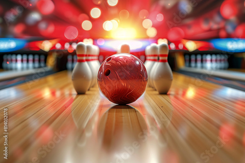 Bowling red ball and pins on wooden alley with blurred bright lights in background