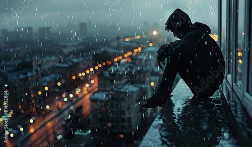 Solitary figure contemplating the cityscape on a rainy evening