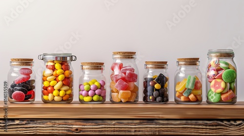 A row of glass jars filled with assorted candies and sweets, a tempting treat for any occasion