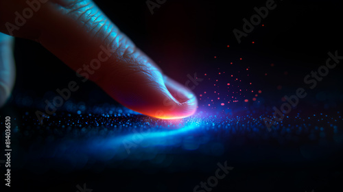 Close-Up of a Finger Touching a Glowing Black Touch Screen, Highlighting Technology and Artificial Intelligence
