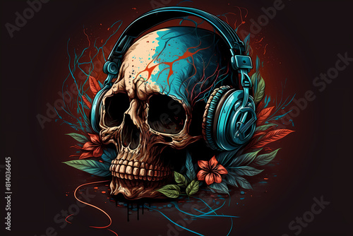 Skull in headphones and flowers art illustration.