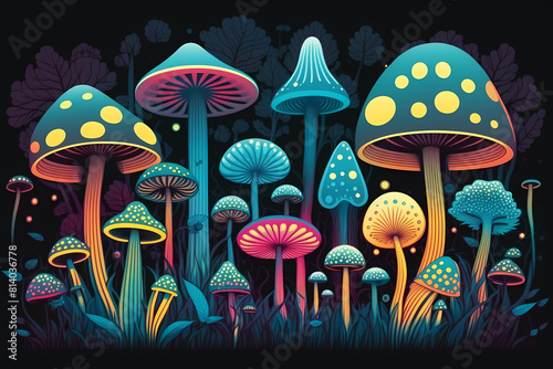 Colorful mushrooms background Vibrant artwork on black backdrop.