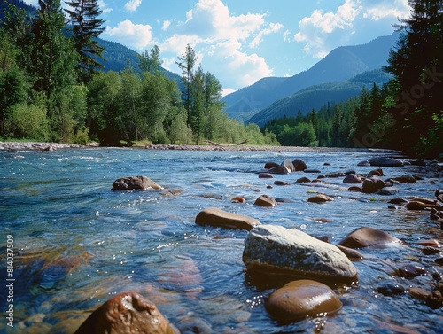 River with rocky shoreline and mountains in background