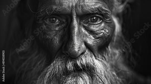portrait noir et blanc en gros plan d'un vieil homme barbu et ridÃ© --ar 16:9 Job ID: fe6ba8bf-ffa8-4b1f-a7dc-d3c617b57957