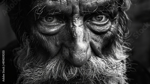 portrait noir et blanc en gros plan d'un vieil homme barbu et ridÃ© --ar 16:9 Job ID: fe6ba8bf-ffa8-4b1f-a7dc-d3c617b57957