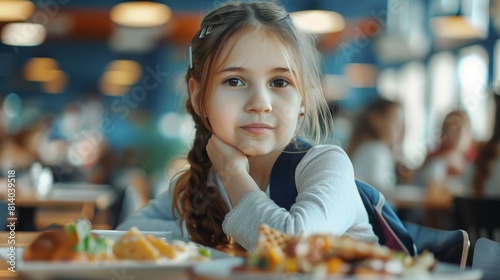 Cute ten years old girl sitting at the table in school cafeteria. Young student having food during lunch break in dining hall. hyper realistic 