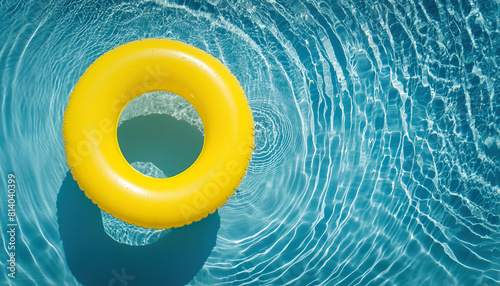 Round yellow lifesaver on swimming pool water with blue background. Summer background, copy space.