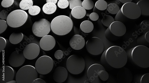 Assorted sizes of black cylinders in abstract arrangement