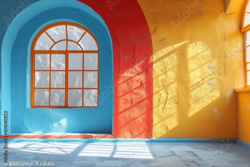 Bright colored arched window in the house