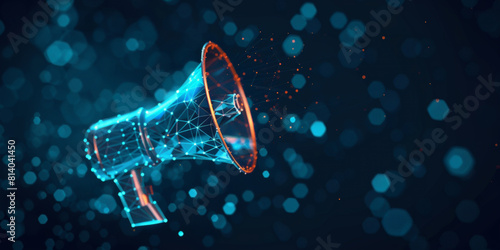 Megaphone. Low poly wireframe marketing blue background or concept with hand loudspeaker