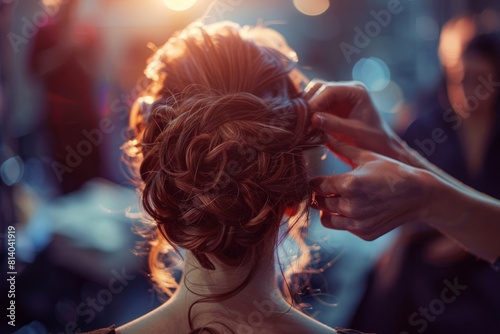 Stylist styling wife's hair at hair salon