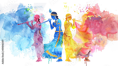 Young lord Krishna playing flute for mesmerized milkmaids in digital watercolor painting