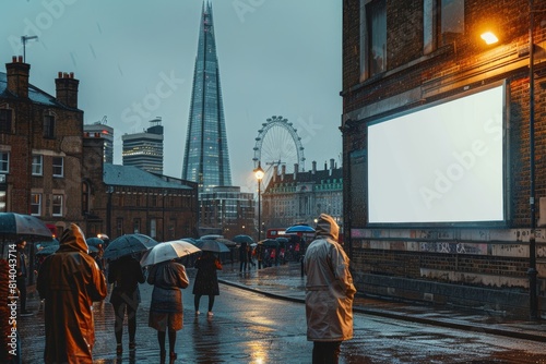 A rainy evening in London captures pedestrians with umbrellas passing by a prominent blank billboard under the illuminated cityscape