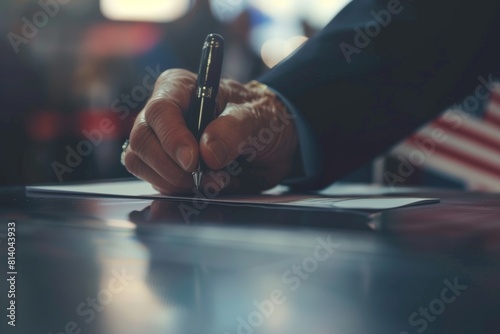 A voter's hand is captured filling out a ballot, set against a backdrop of the American flag, participating in presidential elections