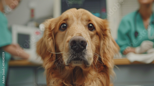 sad Golden retriever dogs in the clinic with veterinarians