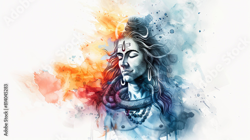 Beautiful digital painting of lord Shiva with a third eye and flames of wisdom on white background.