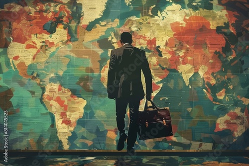 Silhouette of a businessman with a briefcase walking against a colorful world map backdrop, symbolizing global travel and commerce