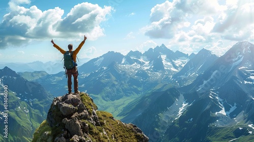 A person is standing on a mountaintop with their arms in the air. They are wearing a backpack and there are mountains in the background.
