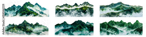 Set of Misty green mountains surrounded by clouds in panoramic view isolated transparent PNG background