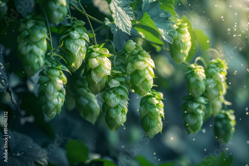 Artistic visualization of fresh green hop cones hanging from the vine in a lush hop garden,
