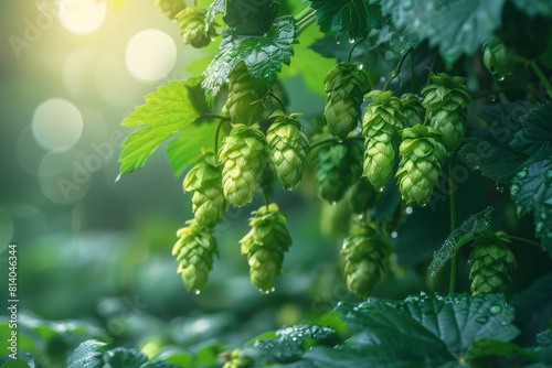 Artistic visualization of fresh green hop cones hanging from the vine in a lush hop garden,