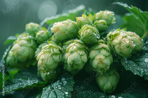 Illustration of a handful of hop cones with a focus on their textured surfaces and vibrant green color,