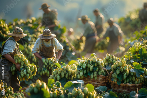 Art piece illustrating a traditional hop picking scene with workers collecting cones in wicker baskets,