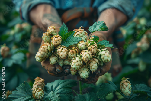 Conceptual image of a brewer examining a hop cone, emphasizing the sensory evaluation of aroma and texture,
