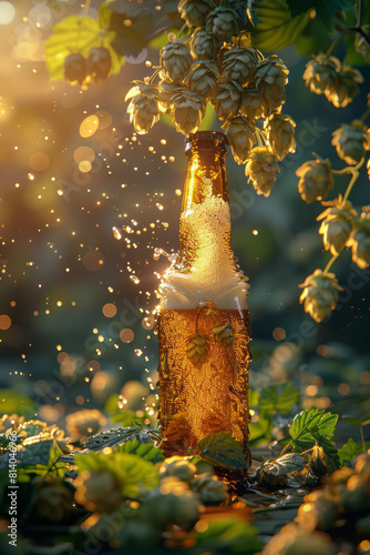Surreal depiction of a beer bottle pouring out hops instead of liquid, symbolizing the essence of flavor,