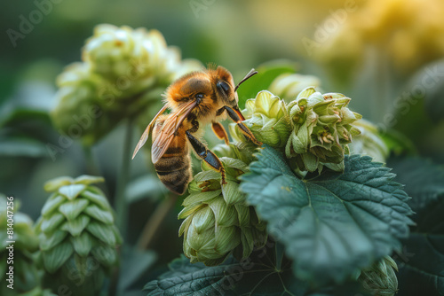 Artistic scene showing a close-up of a bee pollinating a hop flower before it develops into a cone,