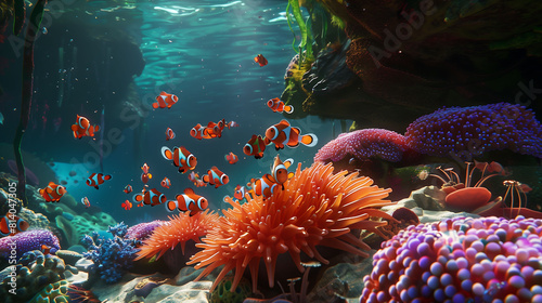  The entire composition is rendered in high definition, ensuring a super-realistic and clean portrayal of this bustling aquatic ecosystem