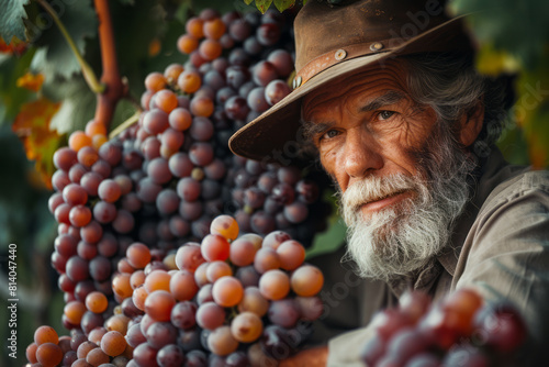 Illustration of a vintner inspecting a cluster of ripe grapes, focusing on the variety's unique color and shape.