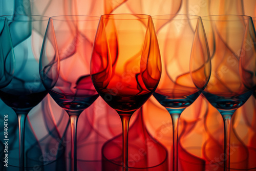 Abstract art showing the flavor profiles of different wine varieties as colorful, swirling patterns emanating from wine glasses,