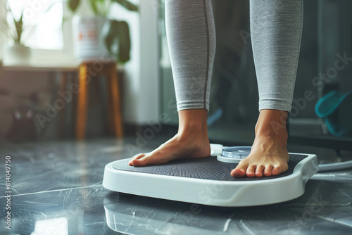 Woman bare feet standing on a digital scale with body fat analyzer that uses bioelectrical impedance