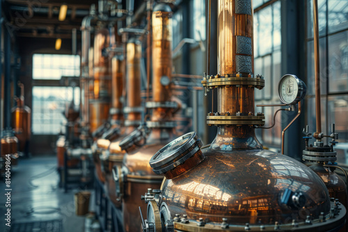 Art piece illustrating the distillation process of rum, focusing on the copper stills that are essential for flavor,