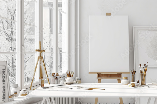 Modern studio interior with artist's workplace and foldable wooden easel near large window.
