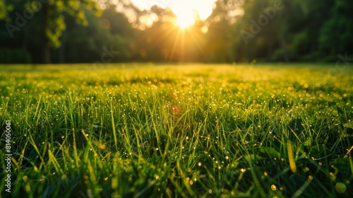 A sweeping view of a lush meadow at sunrise, the early light casting long shadows and illuminating dewy grass, a sense of freshness in the air. Created Using: sunrise lighting, long shadows, dew on