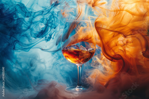 Abstract art representing the flavors and aromas of rum as colorful, swirling clouds emanating from a glass,