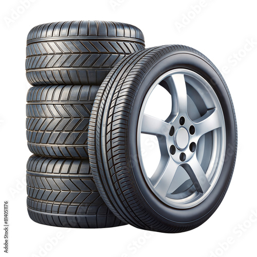 A pile of new car tires with one showcasing an alloy wheel