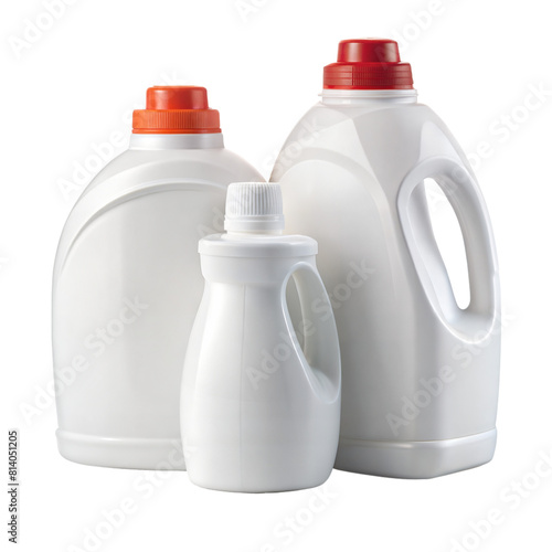 A trio of laundry detergent jugs, two large and one small, isolated on transparent