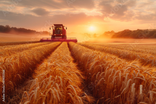 A picturesque scene of rye being harvested by modern machinery under the setting sun,