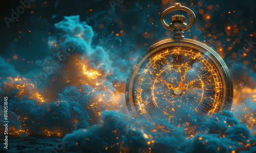 glowing old hand watch clock in blue and yellow space clouds, astrology, astronomy, and horoscope time travel concept background