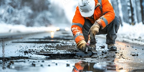 Worker in hard hat repairs potholes on road for safe driving. Concept Road maintenance, Pothole repair, Worker safety, Road safety, Infrastructure maintenance