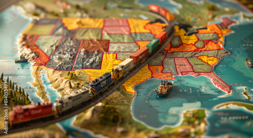stylized map of the southern US border, with miniature freight trains, ships, and trucks in transit