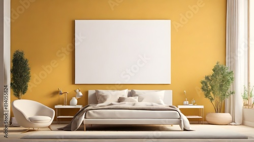 Blank white modern minimalist wall art mockup canvas, against a goldenrod color wall background, blank bedroom wall art mockup goldenrod theme