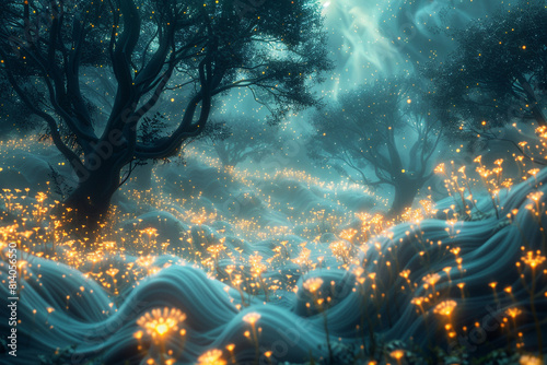A digital forest alive with the glow of bioluminescent flora, their tendrils reaching skyward amidst a fog of swirling data particles.