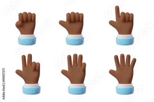 3D hand with blue sleeve shows fingers counting from one to five, palms gesture of numbers, arithmetic icons set