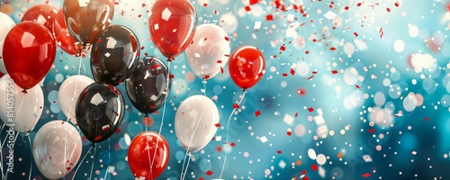 Festive black, white and red balloons and confetti against blue bokeh backdrop. Celebratory banner background for events, parties or special occasions like Father's Day, graduation or grand openings